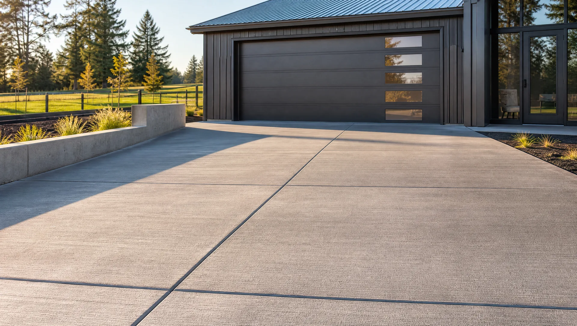 Freshly finished broom-textured concrete driveway leading to a modern garage