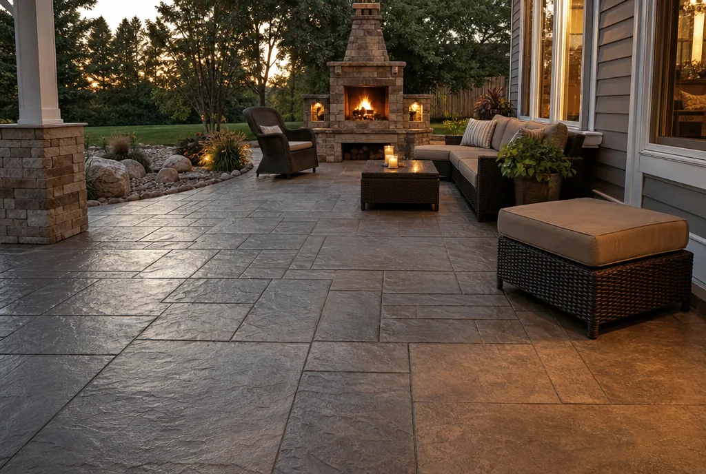 Stamped and stained concrete patio with a slate pattern