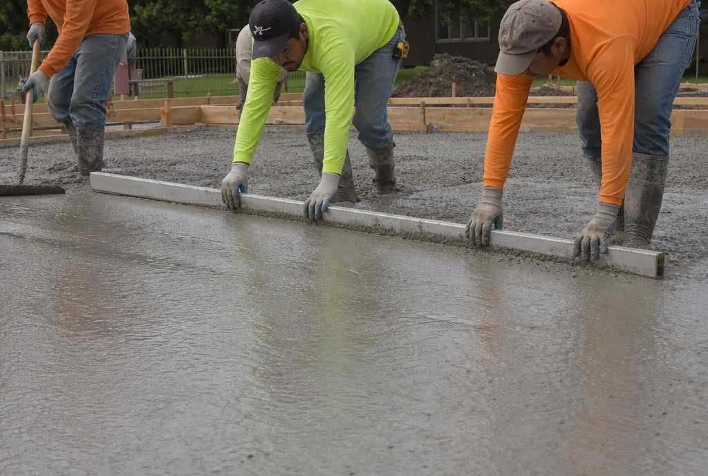 Crew screeding a freshly poured slab