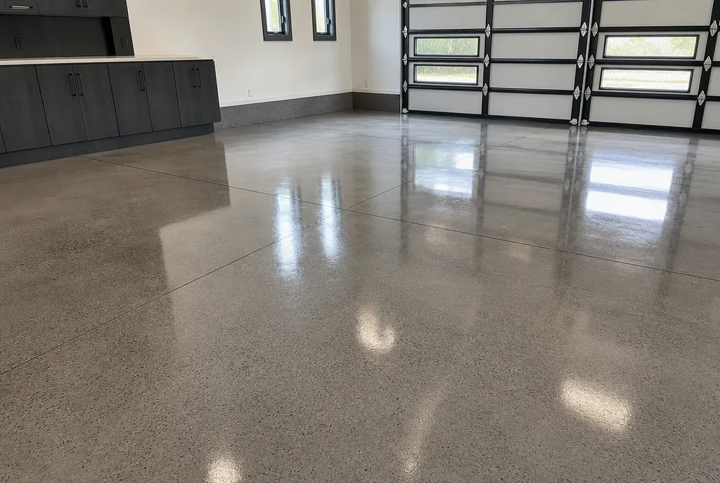 Polished concrete garage floor with a glossy finish